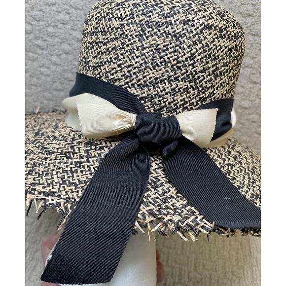 Brenda Lynn Black Beige Wide Brim Straw Hat OS Ribbon Trim Fringe